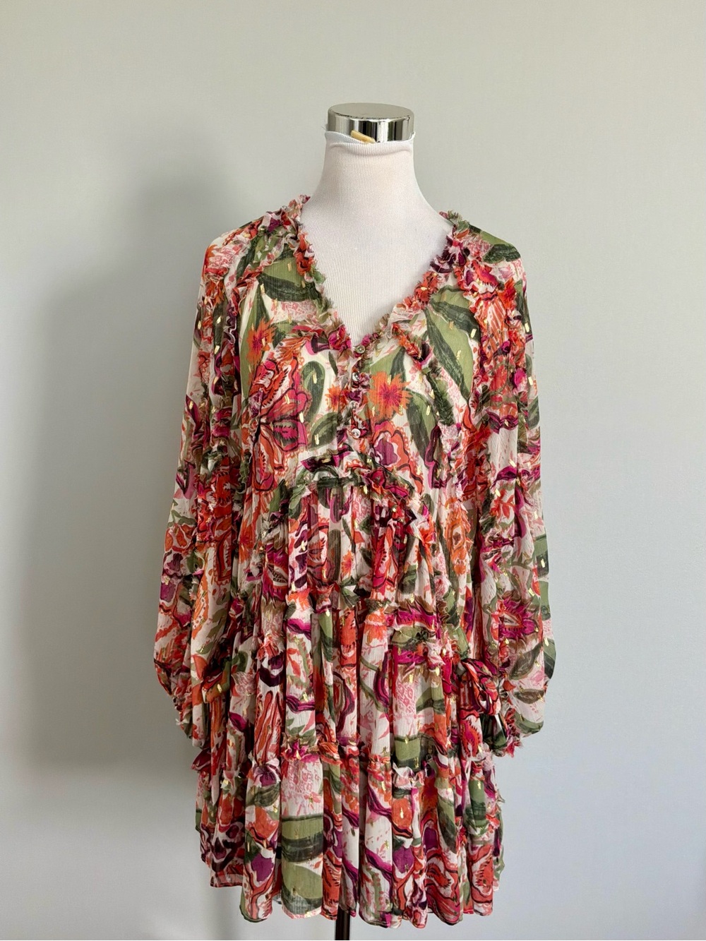 O.P.T. Rhea Floral Chiffon Mini Dress Gold Metallic Tiered Long Sleeve NWT Sz S